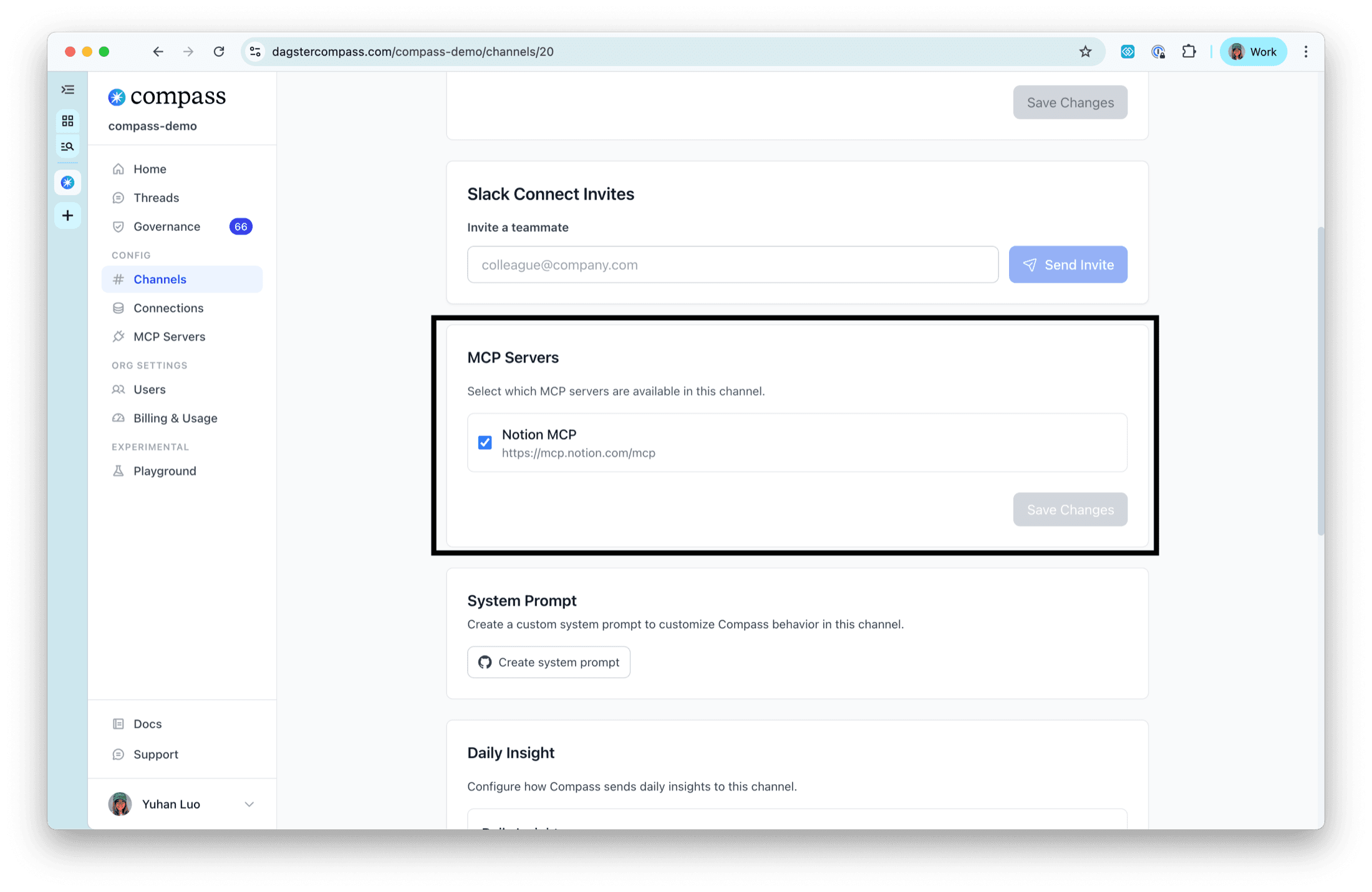 MCP Servers section on a channel settings page