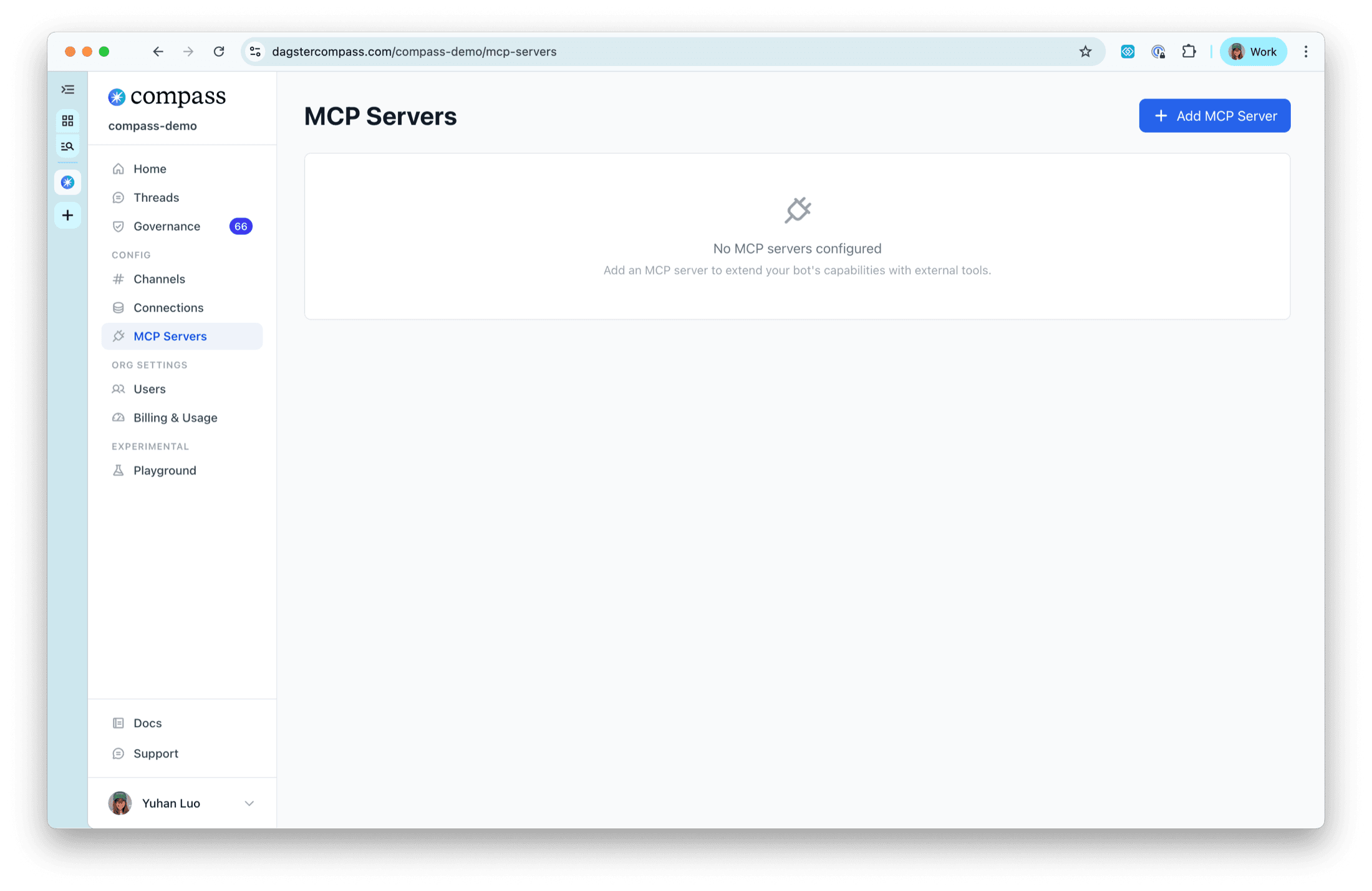 MCP Servers page in the Compass Admin UI